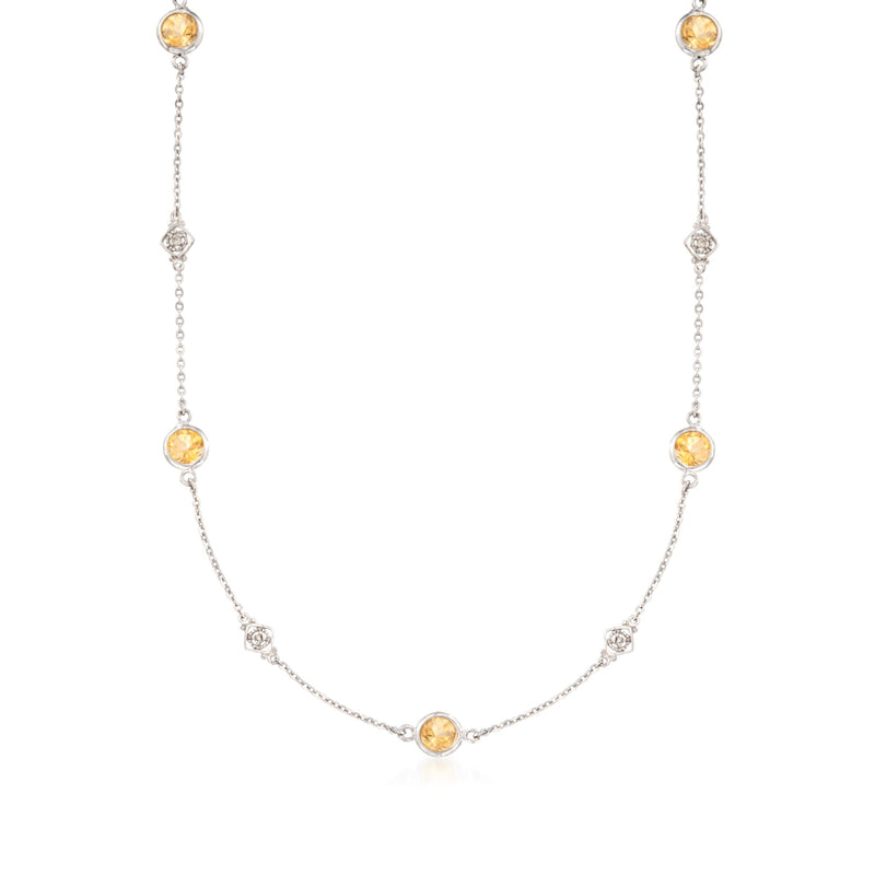 Sterling silver citrine and diamond station necklace with oval station links