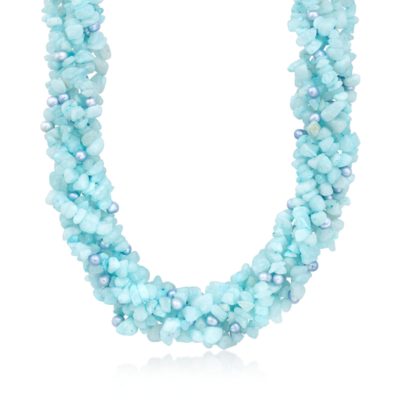 Blue beaded torsade necklace with cultured pearls and aquamarine-toned beads, silver chain