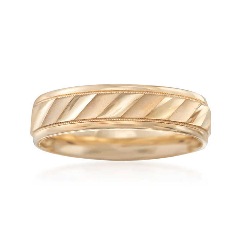 14kt yellow gold satin wedding ring with brushed grooves on the top band
