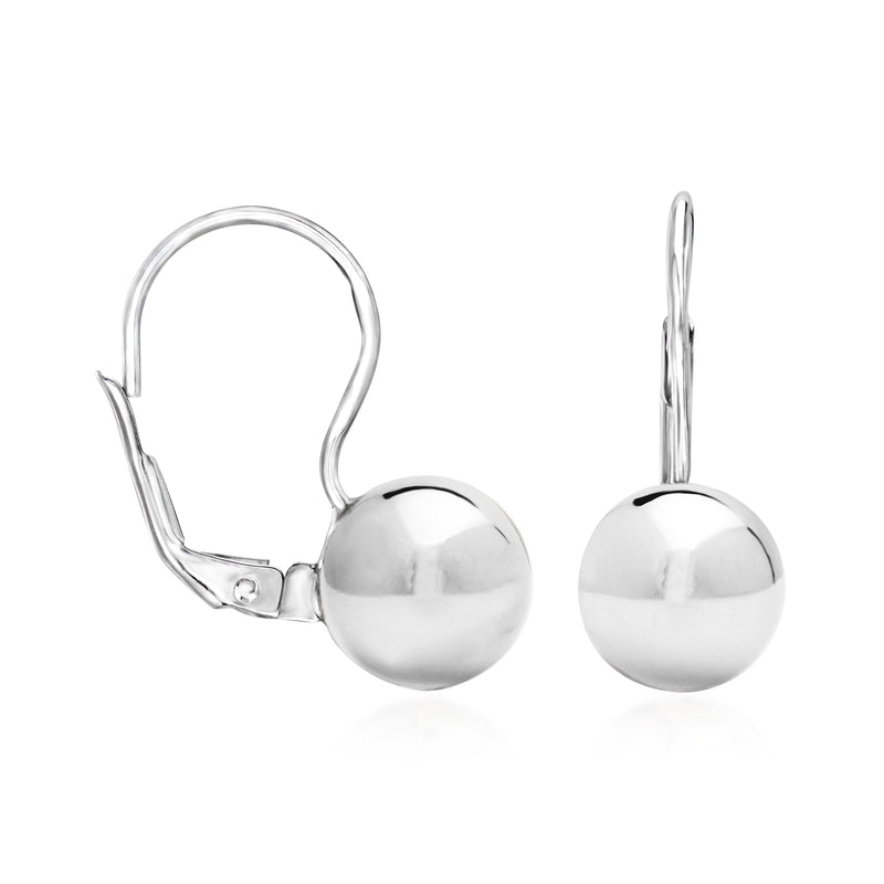 Sterling silver ball drop earrings with leverback, side view of round polished balls