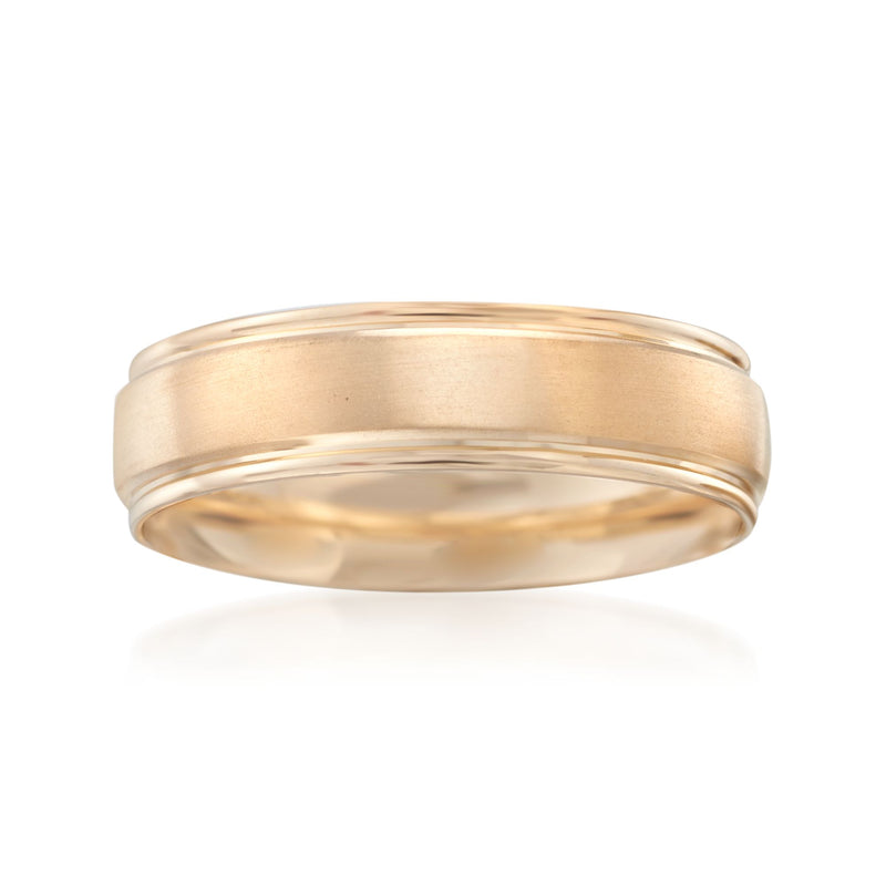 Men's 14kt yellow gold brushed wedding ring, 6mm wide, smooth domed band