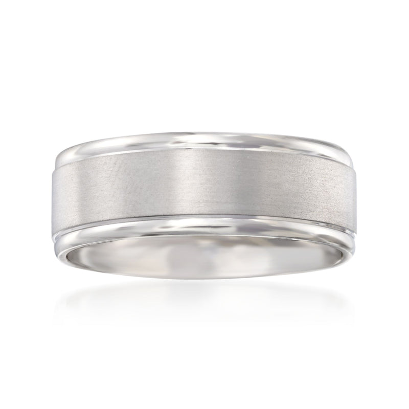 Men's brushed 14kt white gold wedding ring, smooth 8mm band with rounded edges