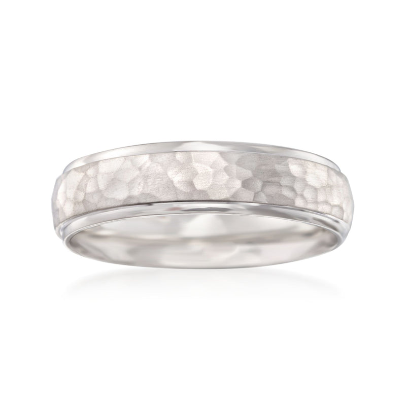 14kt white gold hammered wedding ring, rounded band with subtle bevel