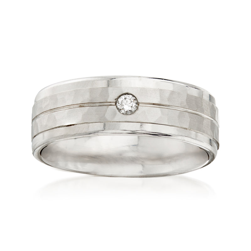 Men's 14k white gold wedding band with single diamond accent