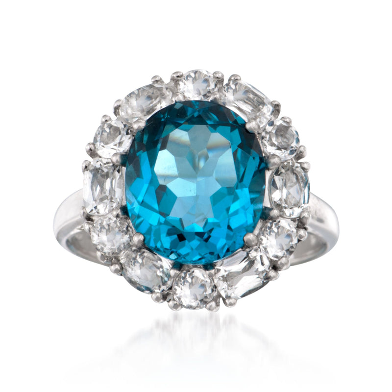 Sterling silver ring with oval London blue topaz center and white topaz halo