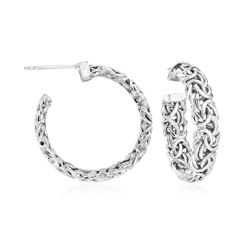 Sterling silver Byzantine hoop earrings with twisted chain-style links, hinged closure.