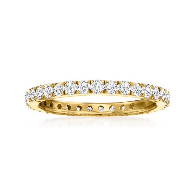14kt yellow gold diamond eternity band with round stones across the top