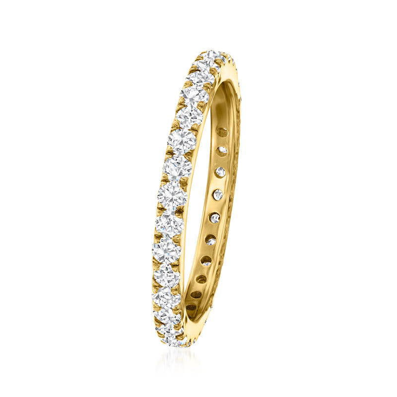 14kt yellow gold diamond eternity band profile view with round stones set around