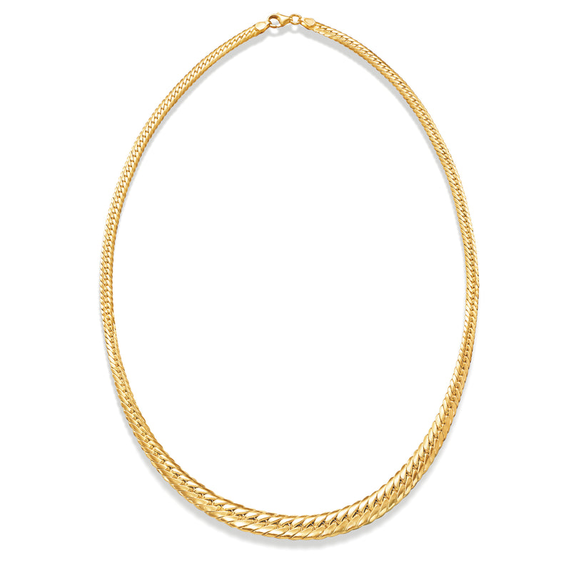 18kt yellow gold graduated Cuban-link necklace, oval drape with clasp at top