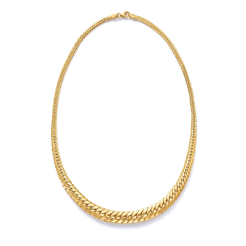 Yellow gold graduated Cuban-link necklace with clasp, oval chain.