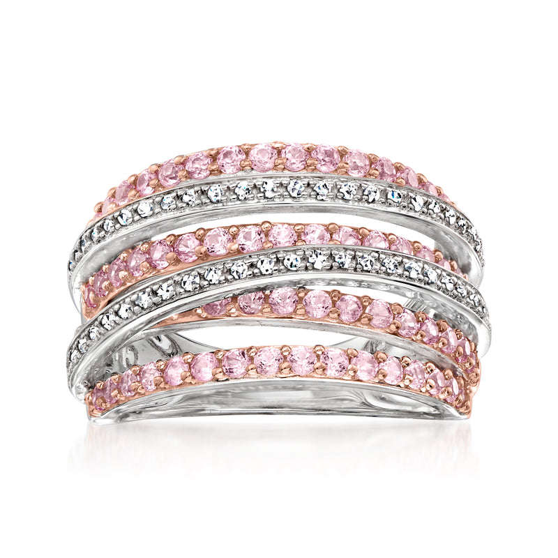Two-tone sterling silver highway ring with pink sapphire rows and diamond accents