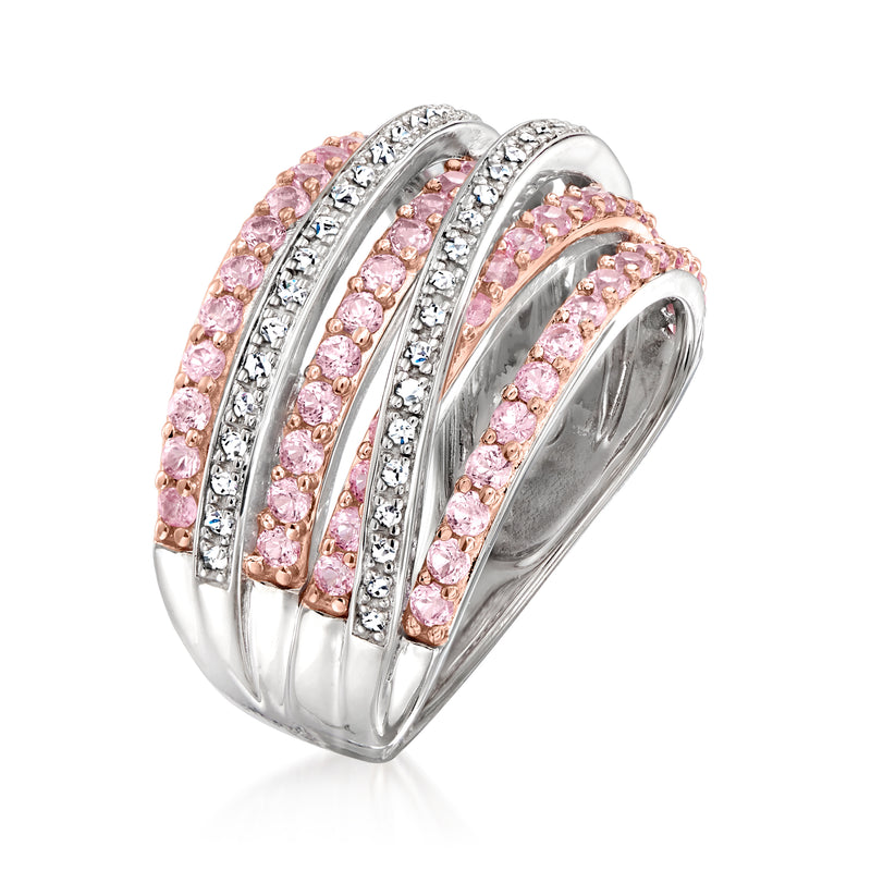 Two-tone sterling silver highway ring with pink sapphires and diamonds