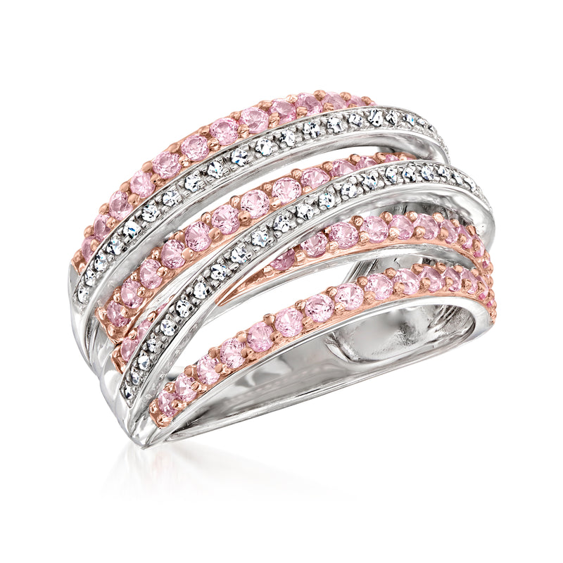 Two-tone sterling silver ring with pink sapphire and diamond crossover bands
