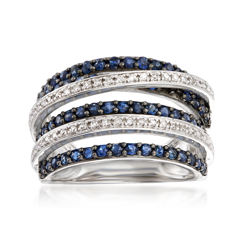 Sterling silver sapphire and diamond highway ring with three blue stone bands