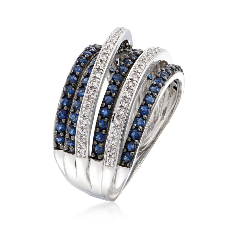 Sterling silver sapphire highway ring, side profile with blue stones and diamond accents