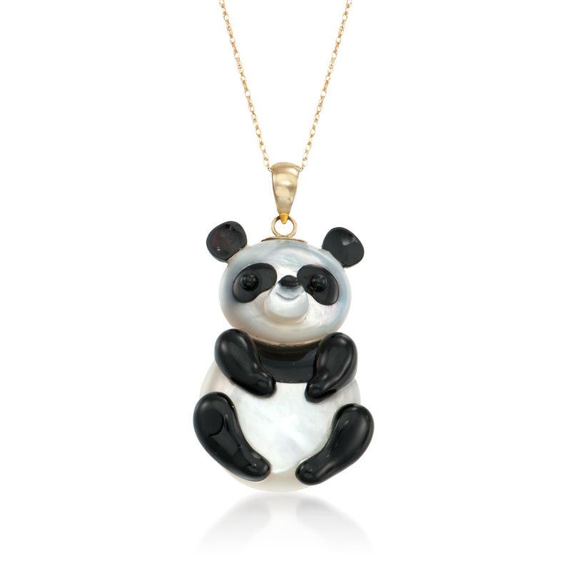Panda pendant necklace: black agate and mother-of-pearl in 14kt yellow gold
