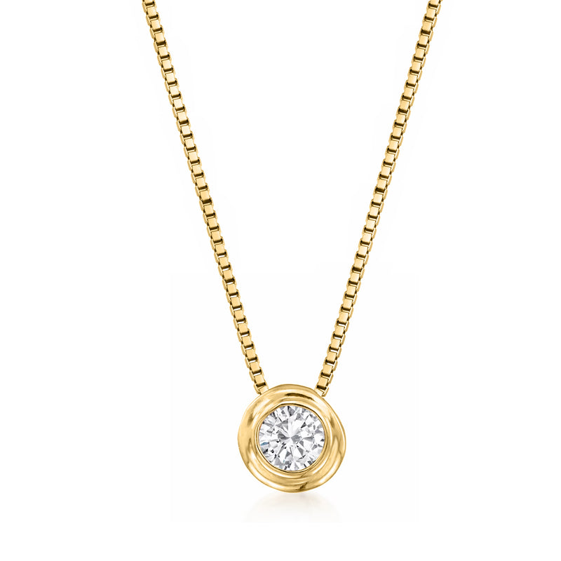 14kt yellow gold diamond solitaire necklace with round bezel-set center stone