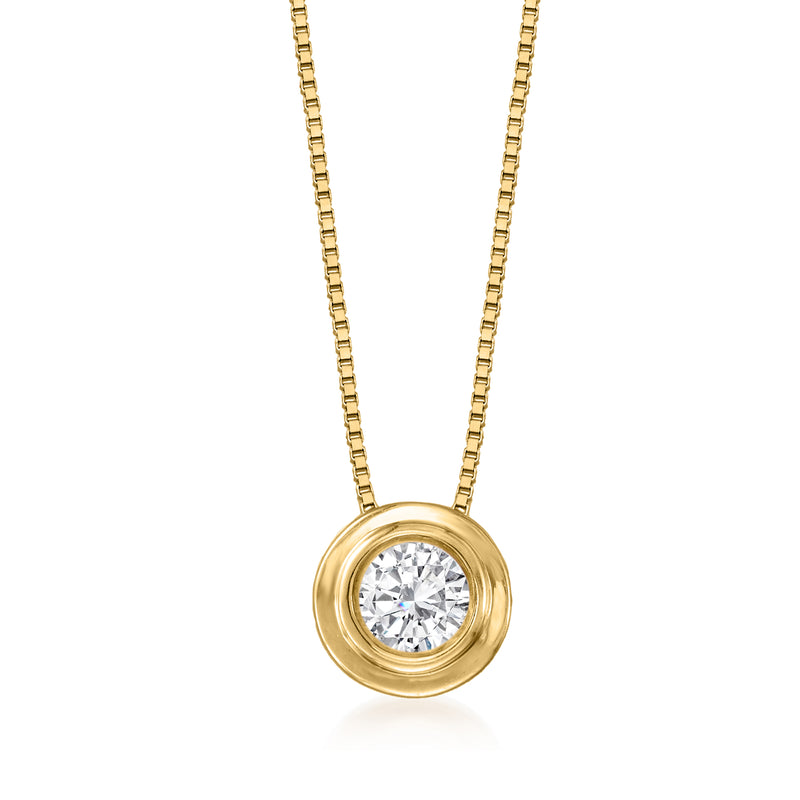 14kt yellow gold solitaire necklace with round double-bezel diamond pendant