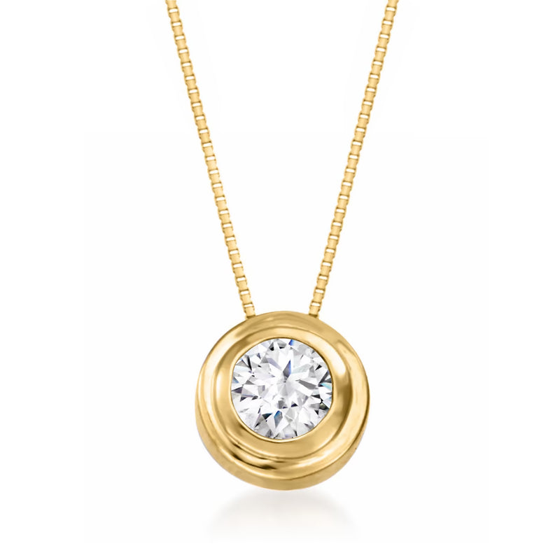 Round double-bezel diamond solitaire pendant in 14kt yellow gold