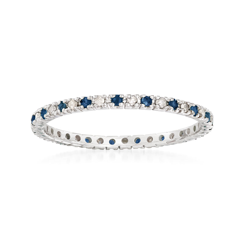 14kt white gold eternity band with blue sapphires and small round diamonds, full circle