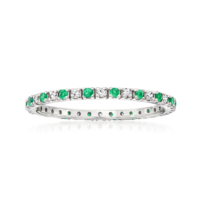 14kt white gold eternity band with green emeralds and white diamonds, side view