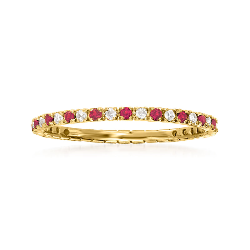 14kt yellow gold ruby and diamond eternity band with alternating red and white stones