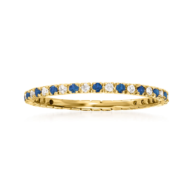 14kt yellow gold eternity band with blue sapphire and round white diamond accents