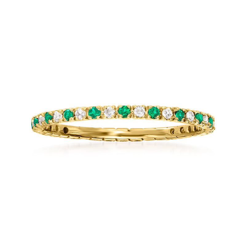 14kt yellow gold eternity band with green emerald and white diamond stones