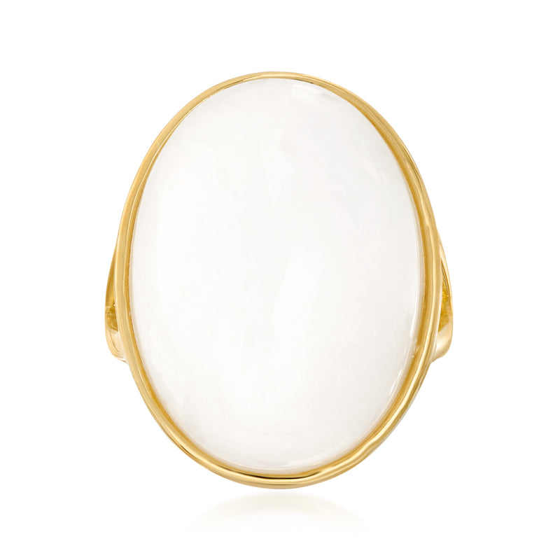 Oval white jade ring with gold over sterling band and open setting