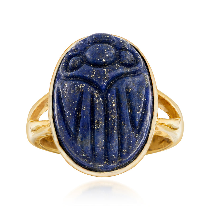 14kt gold over sterling ring with oval lapis lazuli scarab cabochon, two side bands