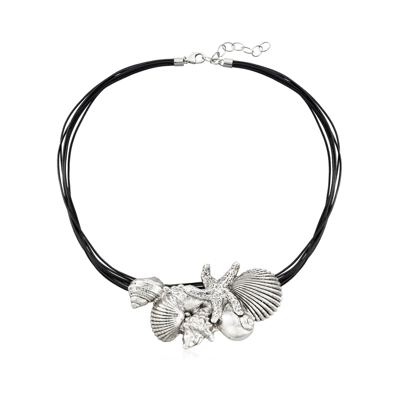 Black leather necklace with sterling silver starfish, seashell, and lobster clasp