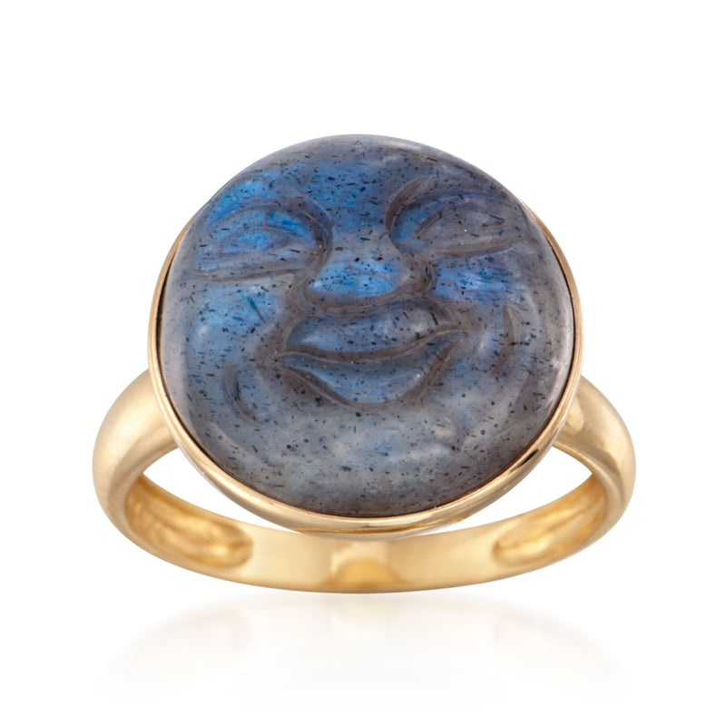 14kt yellow gold Buddha ring with carved round blue-gray labradorite gemstone bezel