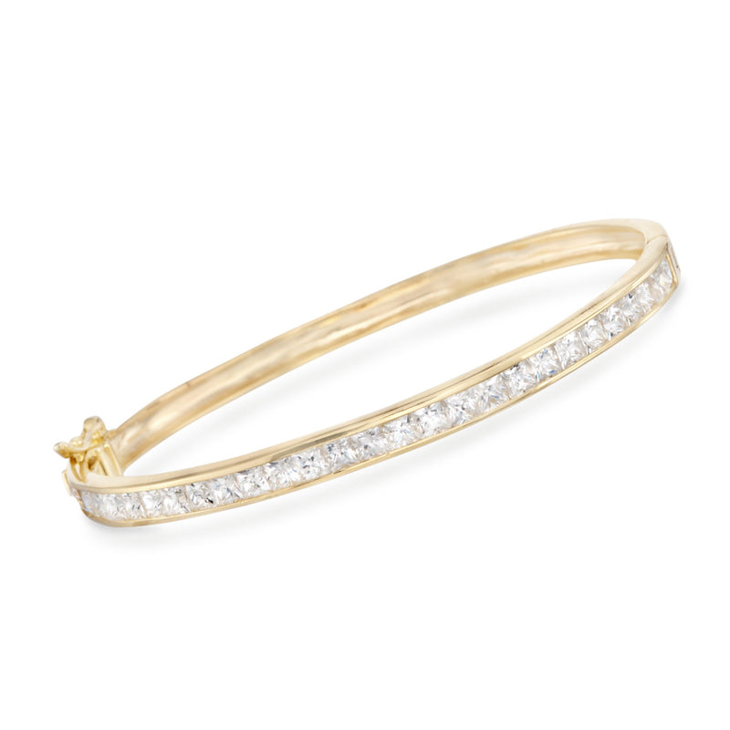 Gold CZ bangle bracelet with channel-set princess-cut stones along the rim