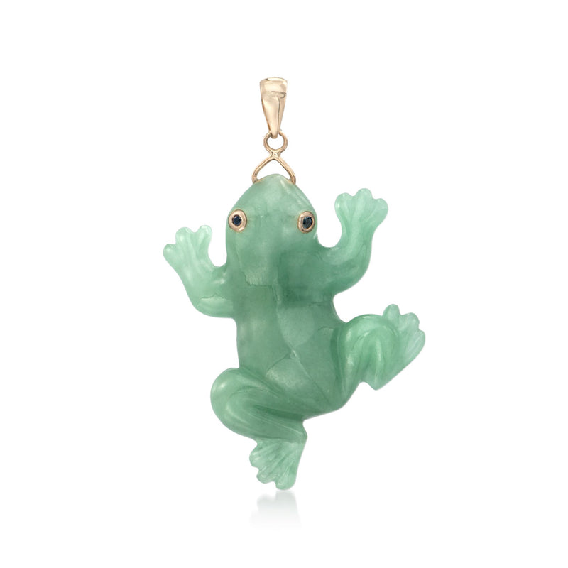 Green jade frog pendant with 14kt yellow gold bail and loop, carved detail