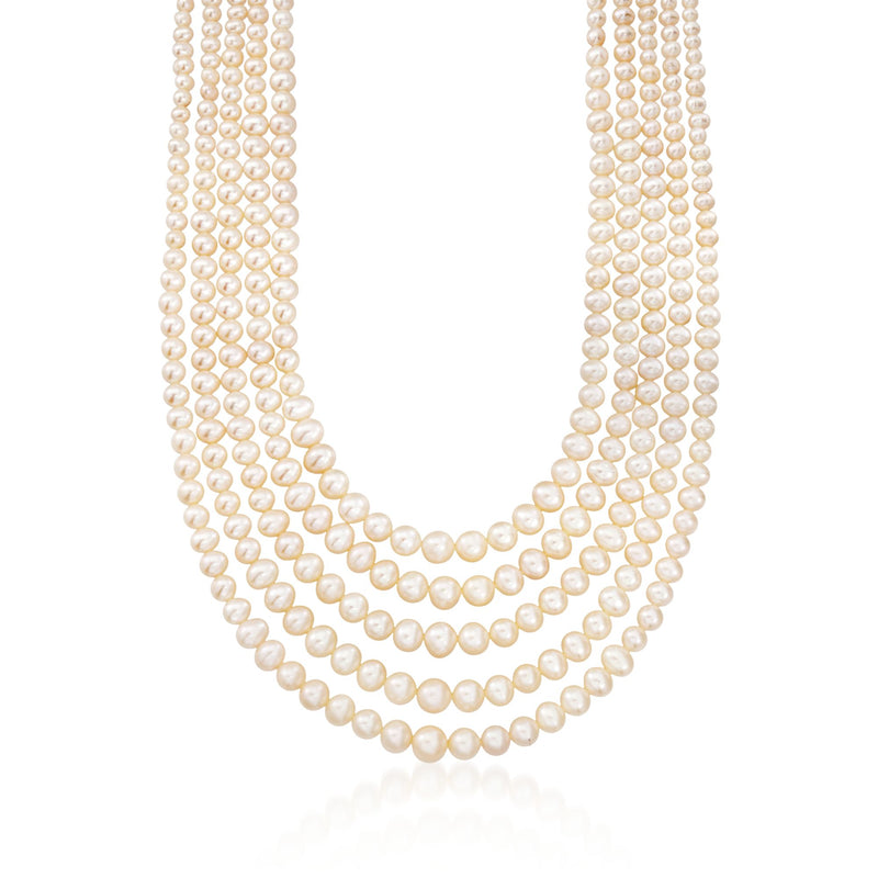 Five-strand cultured pearl necklace with layered drape