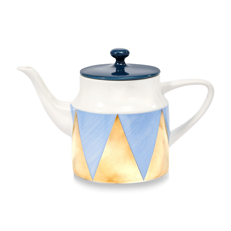 Lenox and Luca Andrisani porcelain teapot with blue lid and blue-gold geometric design