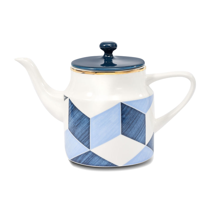 Porcelain color block teapot with blue and white geometric pattern, domed lid