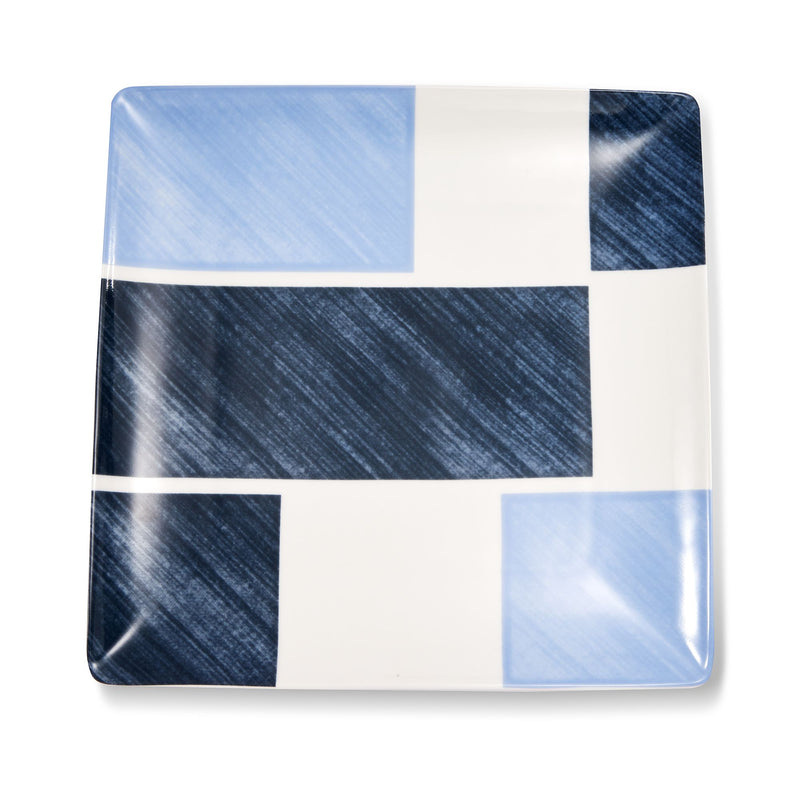 Porcelain square tray with blue and white geometric pattern, glossy finish