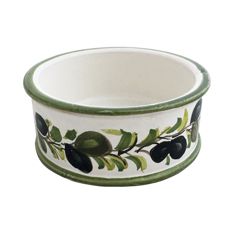 Olive-themed ceramic pet bowl with green rim and leaf/olive branch design