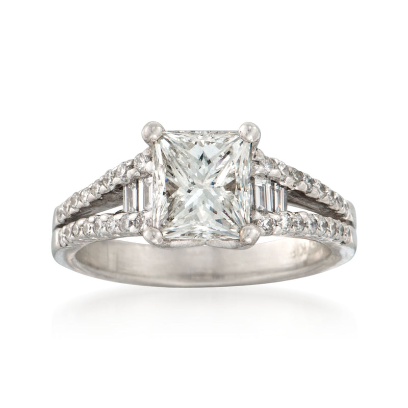 18kt white gold diamond engagement ring with emerald-cut center and baguette accents