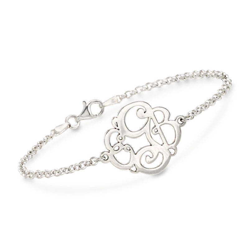 Sterling silver rolo-link bracelet with engraved monogram charm