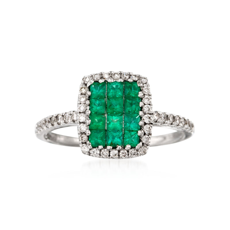 18kt white gold ring with emerald-cut green emerald center and diamond halo