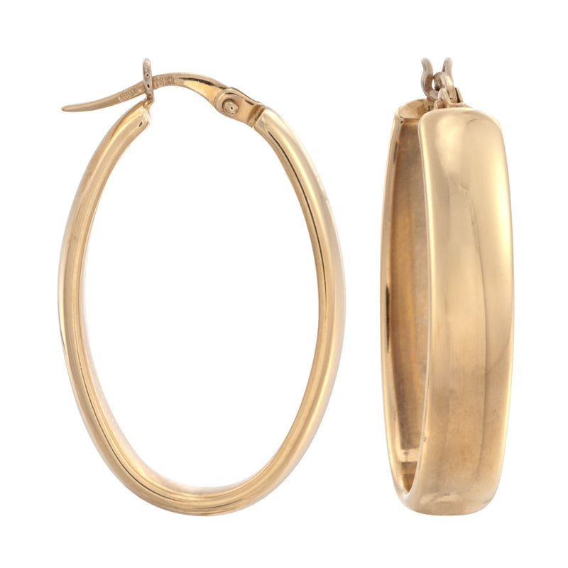 18kt yellow gold oval hoop earrings, smooth hinged profile