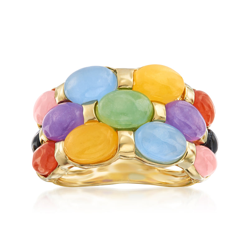 Gold-tone ring with clustered oval multicolored jade cabochons