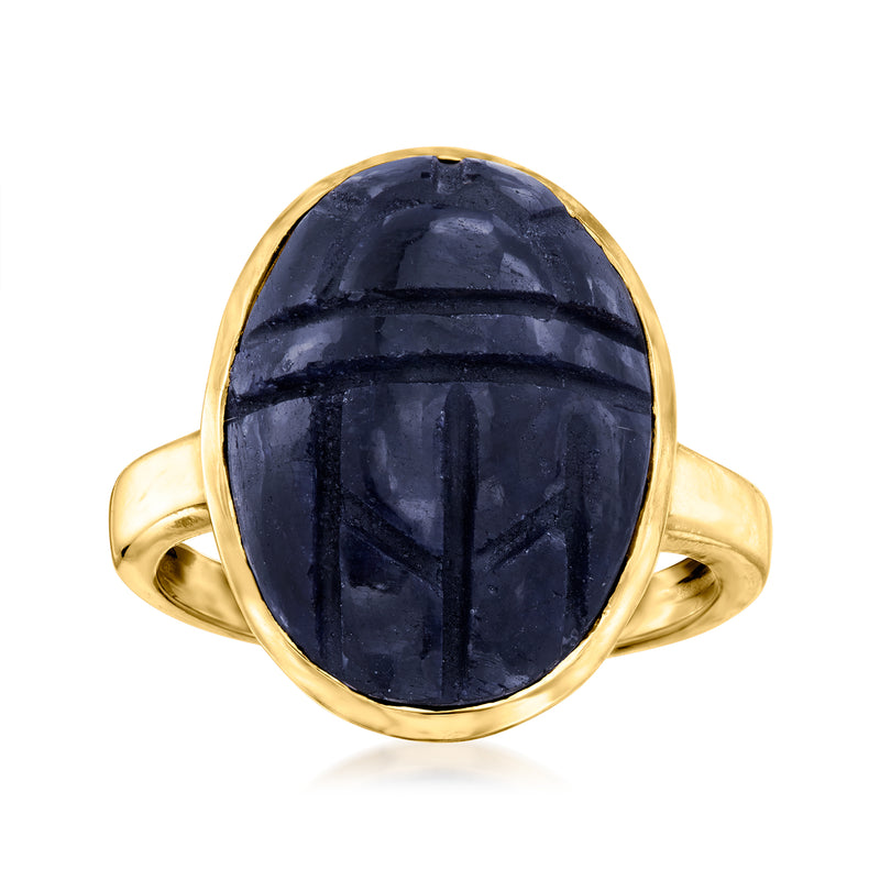18kt gold over sterling ring with oval dark blue gemstone, high bezel setting