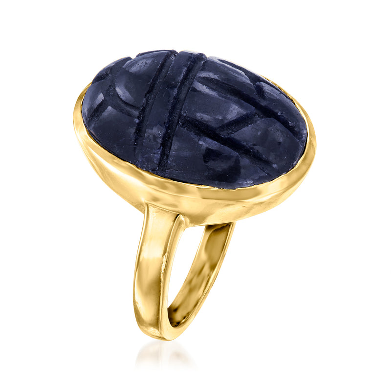 18kt gold over sterling ring with oval dark blue gemstone, sculpted band side view
