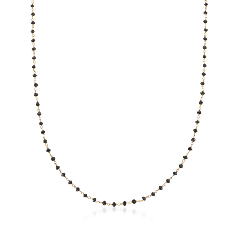 Black diamond bead necklace with 14kt yellow gold bead chain, small round black gems