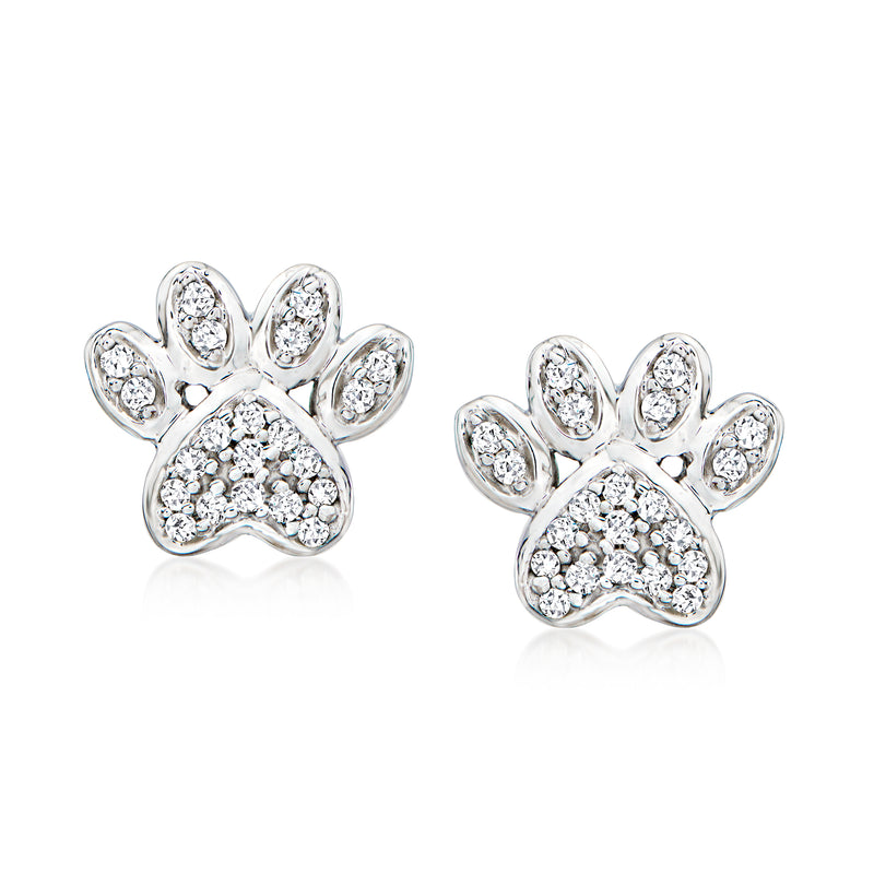 Sterling silver diamond paw print stud earrings, pair