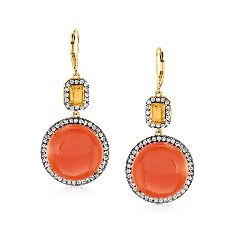 Gold-tone drop earrings with orange cabochon center and crystal halo, square stud tops