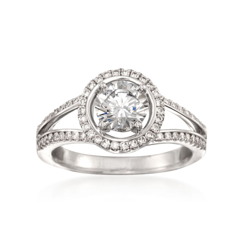 Simon G. diamond engagement ring setting in 18kt white gold with halo and split shank